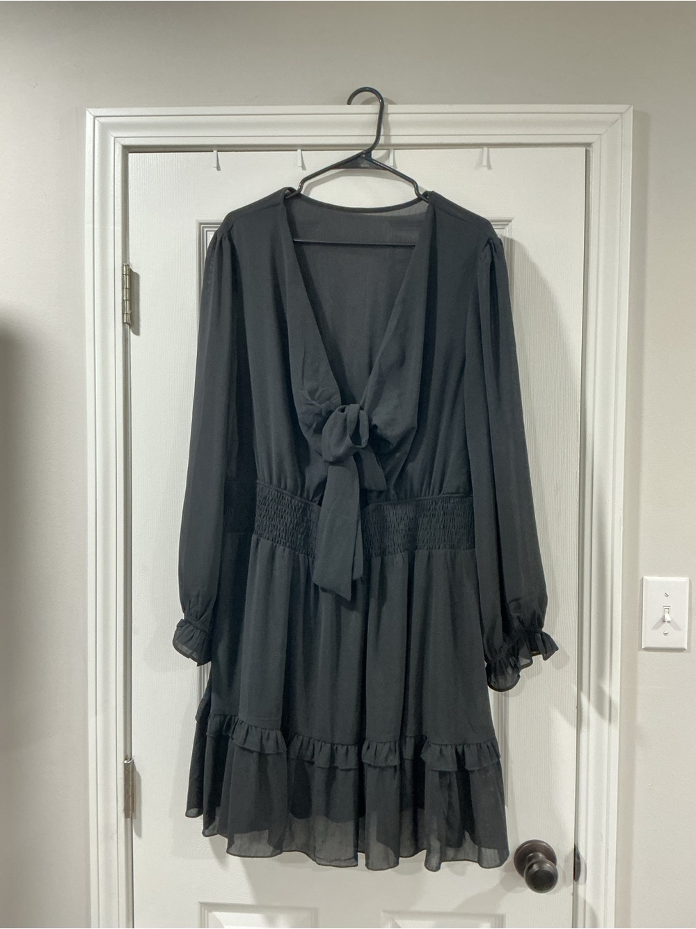 Black Tie-Front Long Sleeve Mini Dress